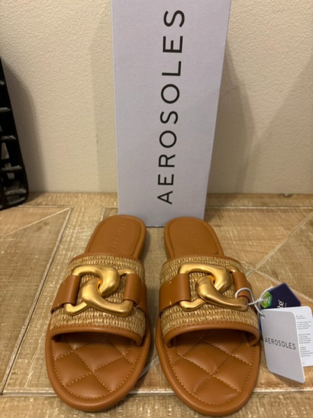 NEW Aerosoles Big Charm Link Slide Sandals Tan Basket Raffia Chain Sz: 7.5-12